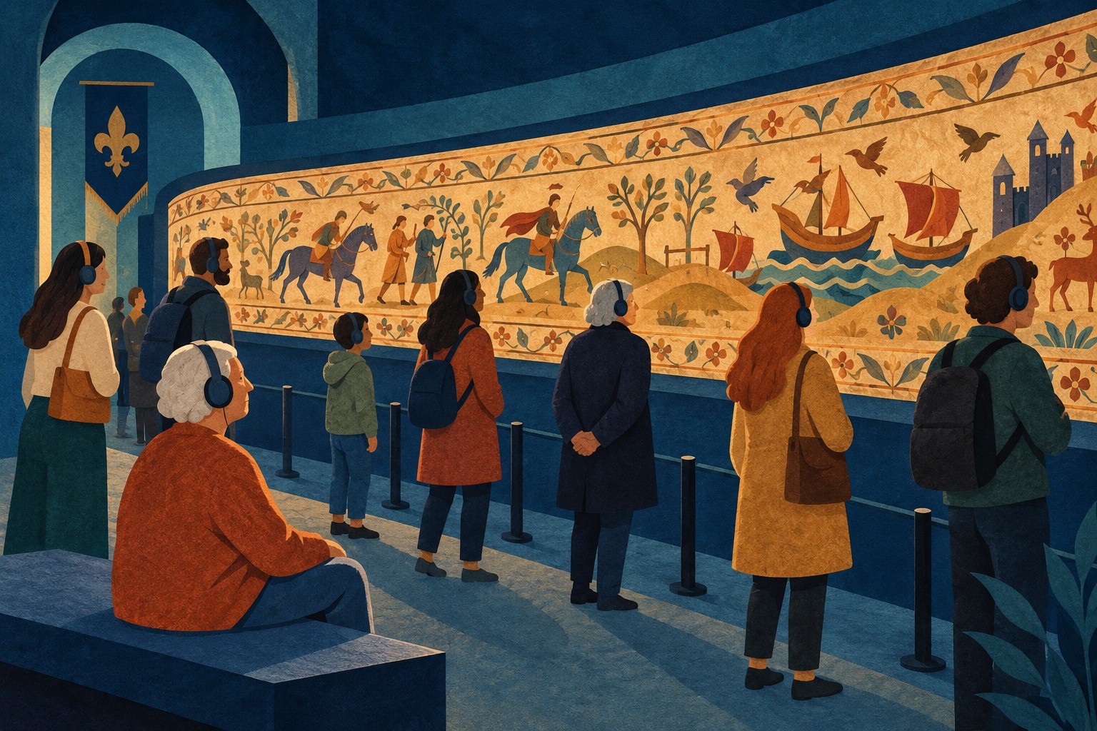 Conceptuele illustratie van museumbezoekers bij een lange historische borduurstrook; geen foto van de tentoonstelling of reconstructie van een echte wachtrij.