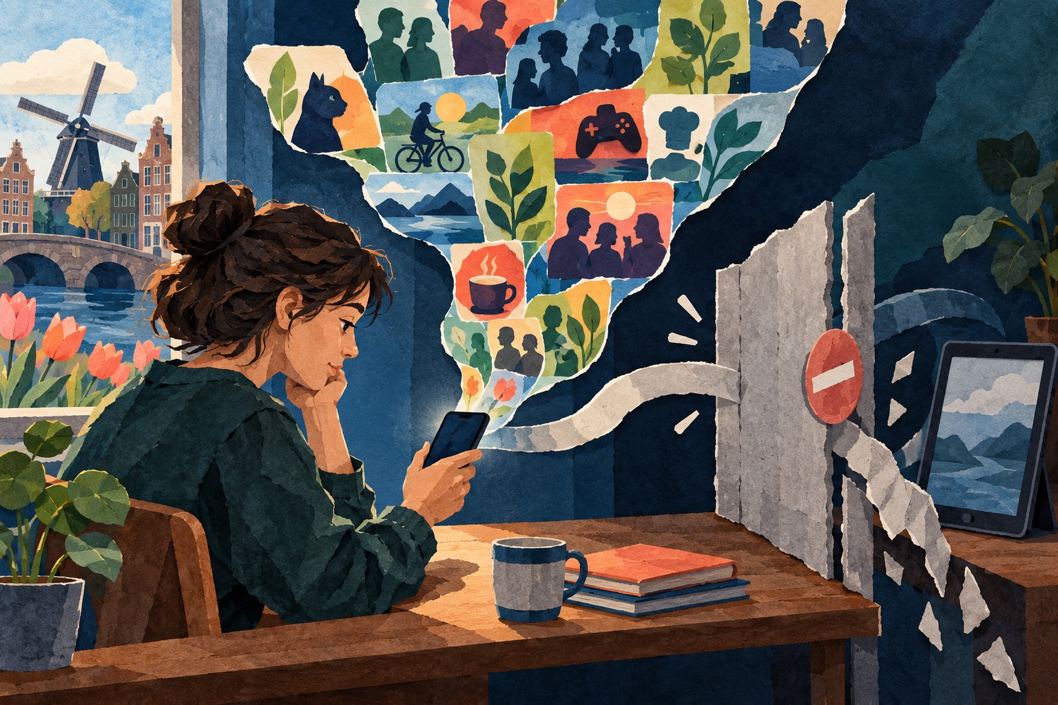 Conceptuele illustratie: een jonge lezer bekijkt op een telefoon verschillende communities, terwijl een papieren doorgang naar een los apparaat sluit.