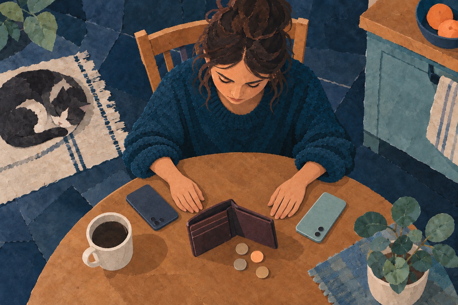 Geschilderde papiercollage van een jonge vrouw die twee telefoons en haar portemonnee naast elkaar bekijkt.