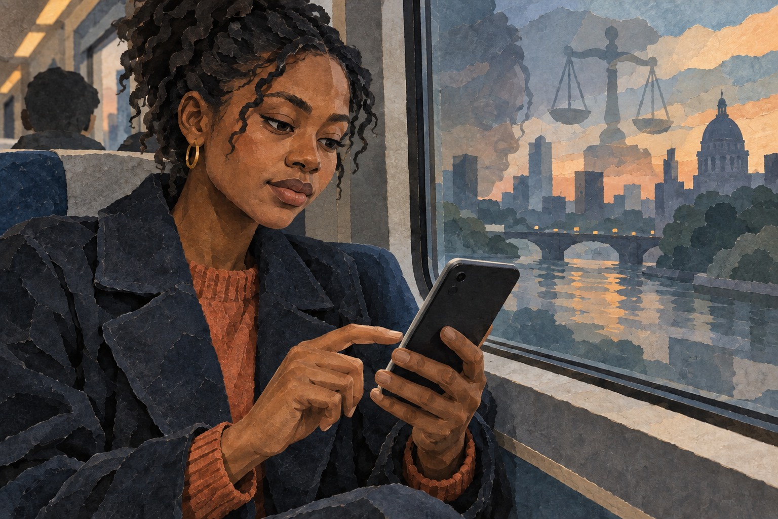 Conceptuele papiercollage: een jonge vrouw gebruikt haar telefoon in de trein, met een weegschaal als symbool voor de rechtszaak.