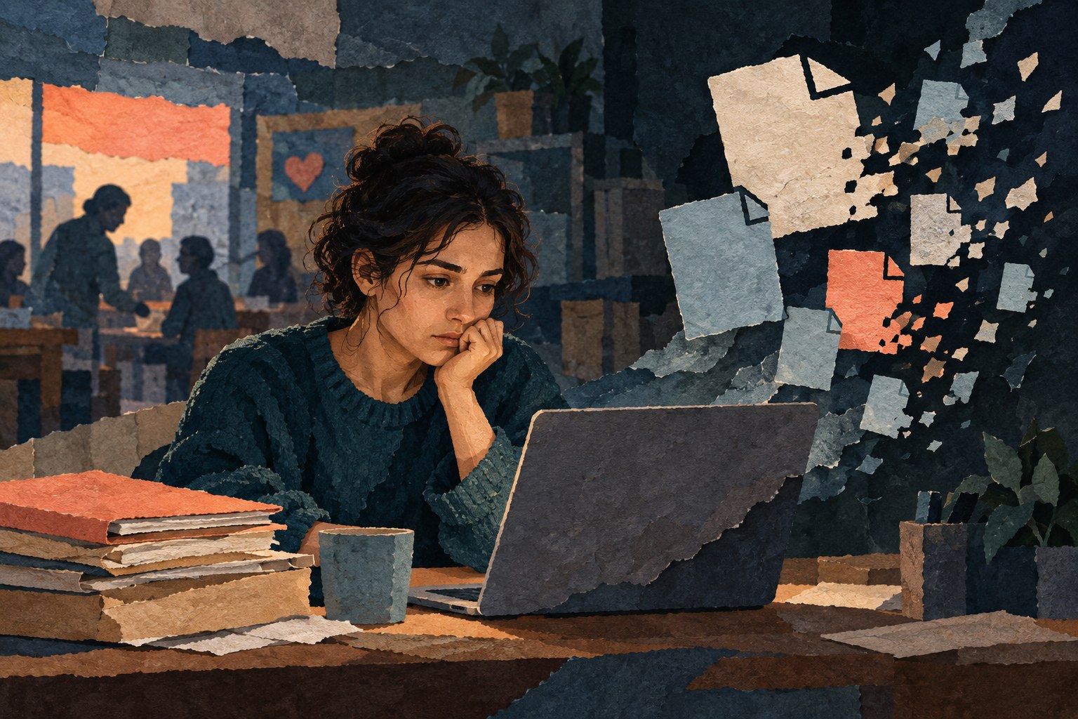 Conceptuele papiercollage van een bezorgde jonge vrijwilliger achter een laptop, met papierachtige documenten die aan de rechterkant vervagen.