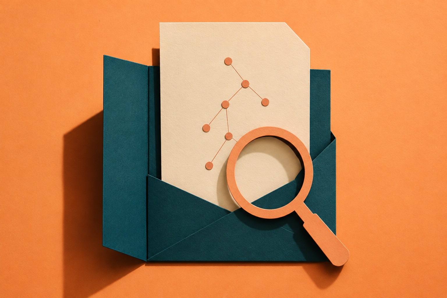 AI-illustratie van een papieren dossier met verbonden stippen en een vergrootglas, als symbool voor het rapporteren en onderzoeken van AI-gedrag.