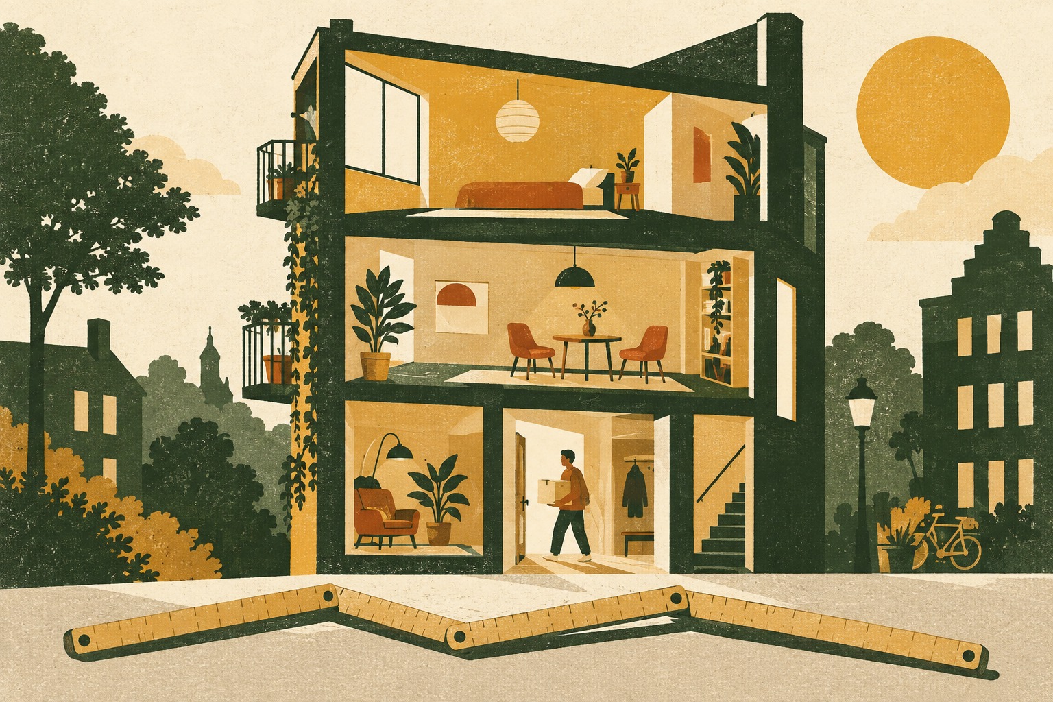 Conceptuele AI-illustratie als zeefdruk in olijfgroen en oker: een opengewerkt denkbeeldig woongebouw, een bewoner met verhuisdoos en een grote duimstok op de voorgrond.