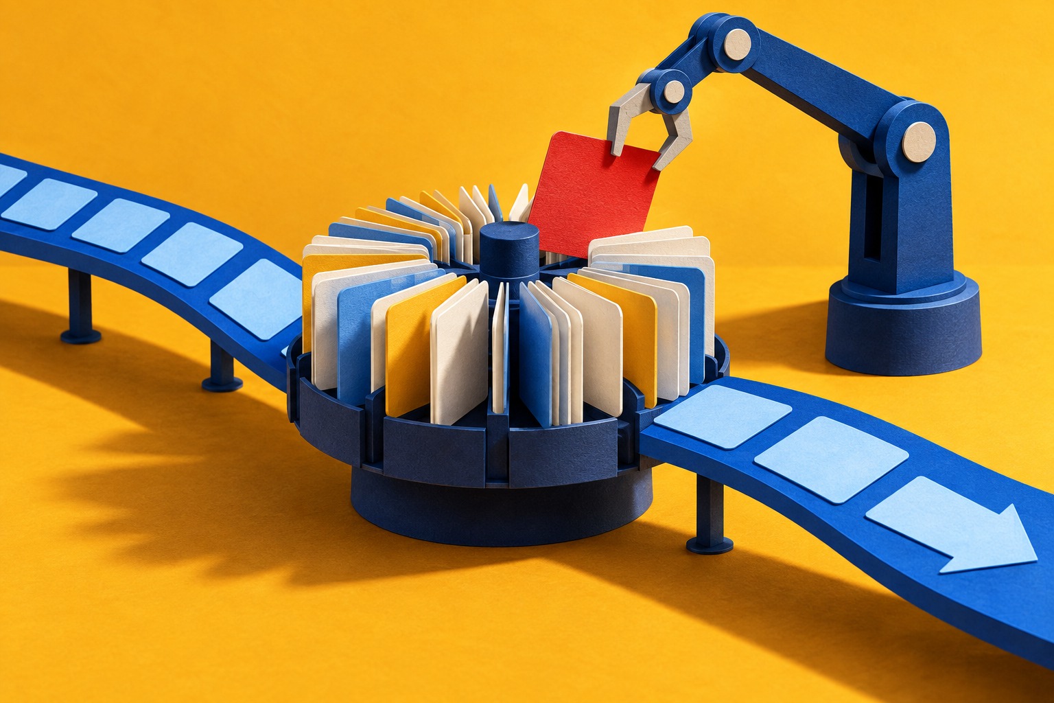 AI-illustratie van een papieren adreskaartenmolen waar een mechanische arm een rode kaart uit haalt, als metafoor voor het controleren van DNS-antwoorden.