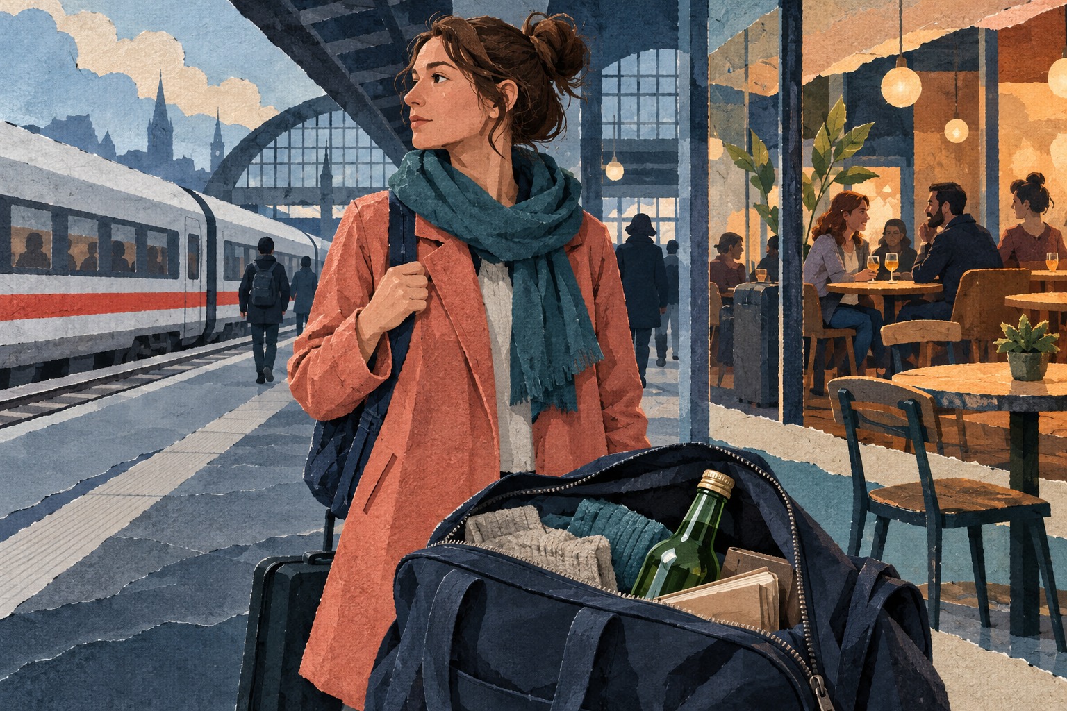 Conceptuele AI-illustratie van een reiziger op een perron, met een gesloten fles in haar bagage en een café op de achtergrond.