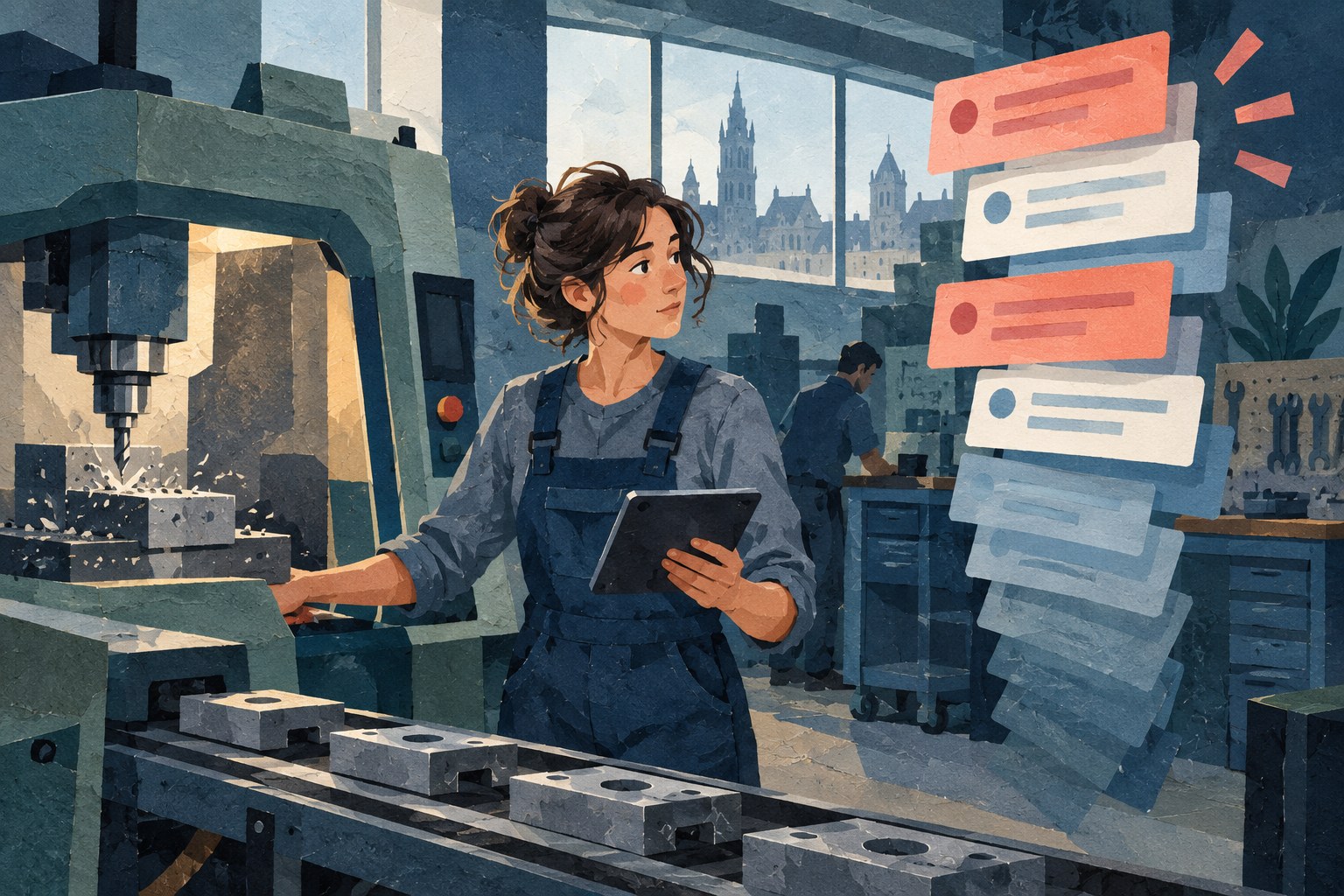 Illustratie van een fabrieksmedewerker bij een machine en een abstracte stapel digitale taken; geen echte werkplek of gemeten situatie.