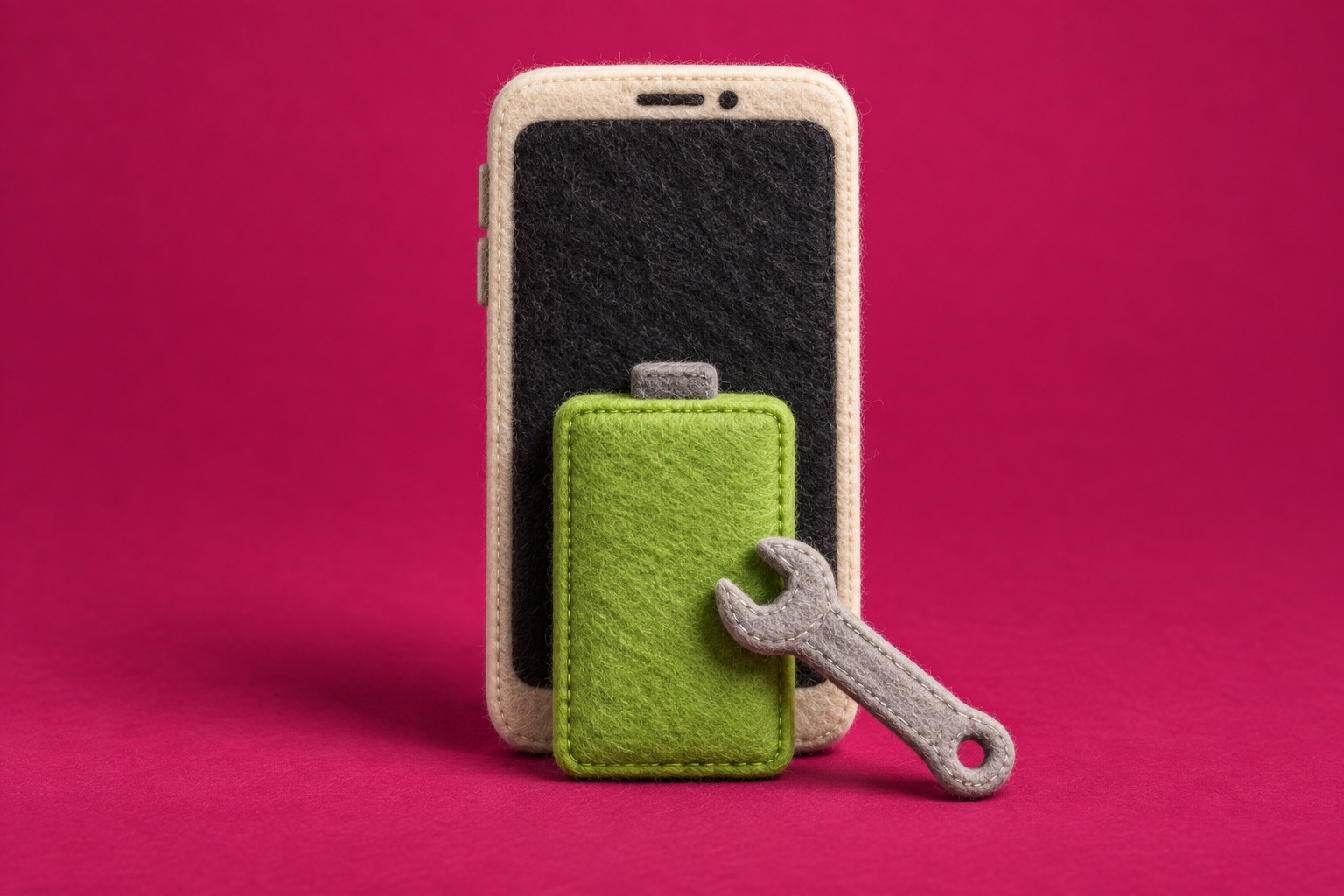 AI-illustratie van een vilten telefoon, groene batterij en steeksleutel tegen een framboosrode achtergrond.