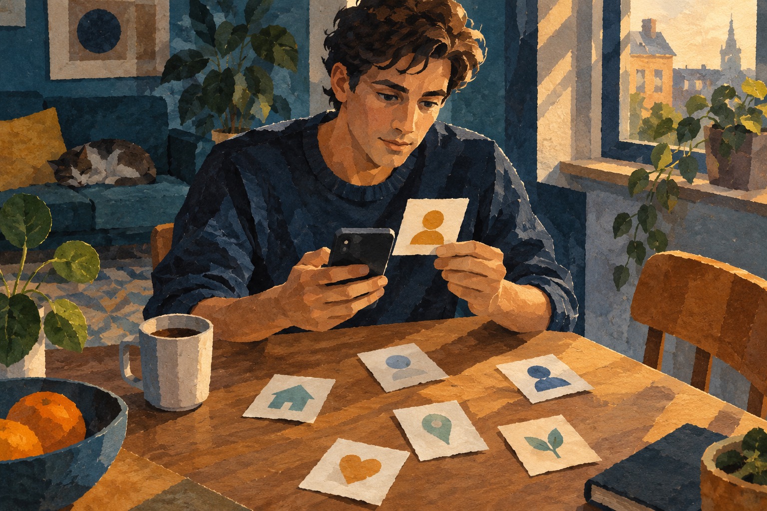 Conceptuele AI-illustratie van iemand die één gegevenskaart selecteert op een telefoon; geen weergave van de MyCheck-app.