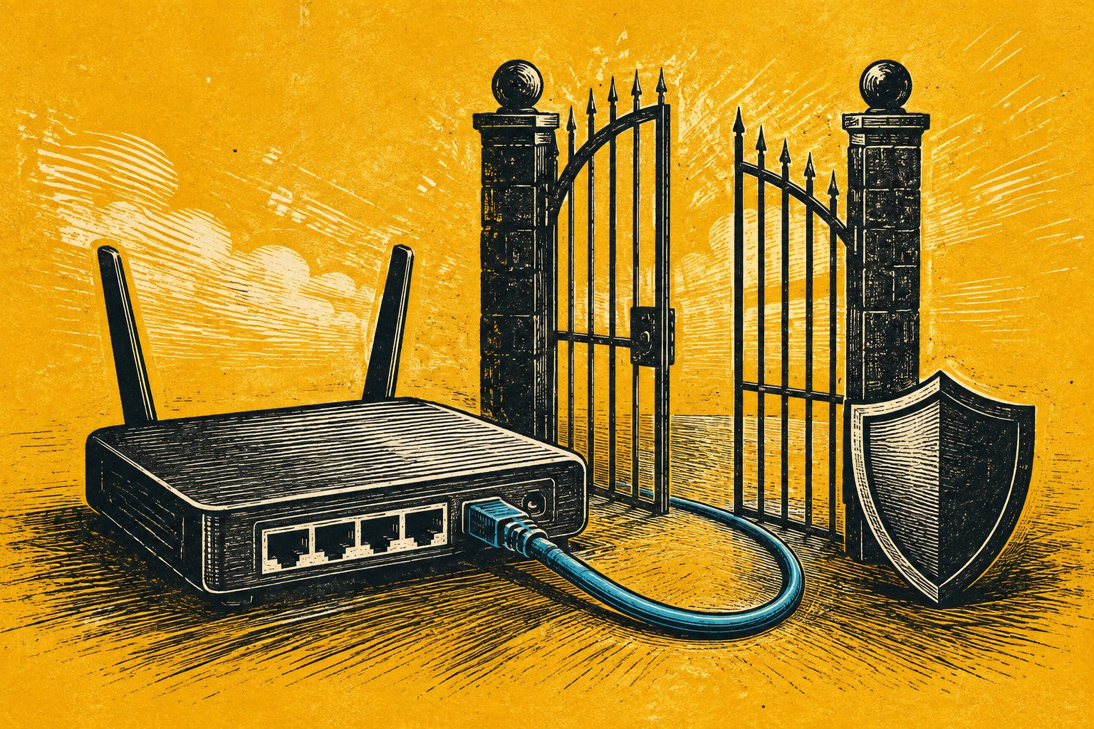 AI-illustratie van een netwerkrouter met een kabel, open beveiligingspoort en schild, als linodruk op een gele achtergrond.