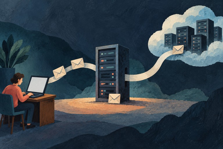 Getekende mailroute van laptop via eigen server naar cloud.