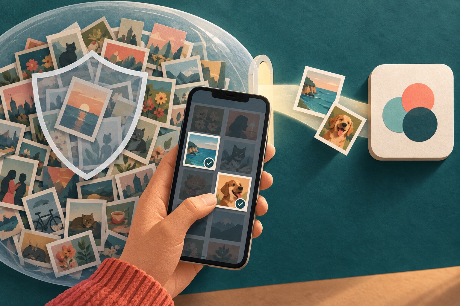 Conceptuele illustratie: uit een afgeschermde verzameling foto’s worden op een telefoon twee beelden gekozen voor een app.
