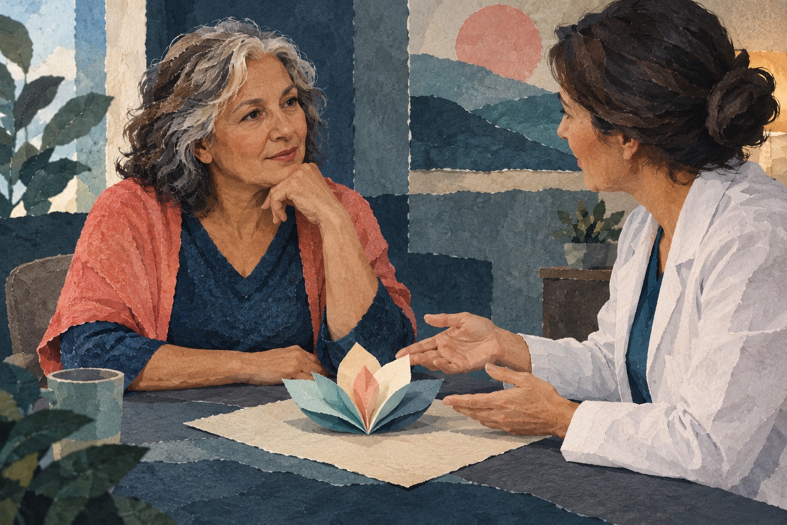 Illustratie van een vrouw die met een oncoloog een mogelijke hersteloperatie bespreekt; geen foto van een patiënt of ingreep.
