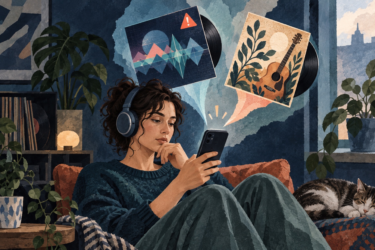 Illustratie: een luisteraar vergelijkt twee platenhoezen bij een telefoon; een abstract waarschuwingsteken wijst op mogelijke AI-muziek. Geen schermafbeelding van Qobuz.