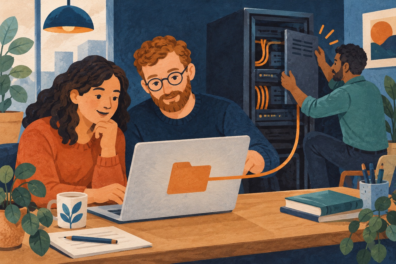 Conceptuele AI-illustratie: collega’s werken aan een laptop terwijl een medewerker een fictieve kantoorserver onderhoudt.
