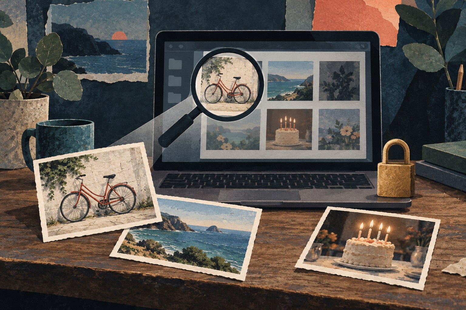 Geschilderde papiercollage van een laptop, persoonlijke foto’s en een vergrootglas dat een fiets terugvindt.