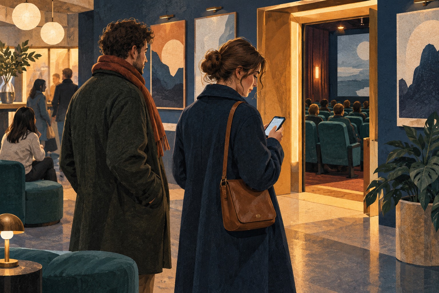 Conceptuele illustratie van twee bezoekers in een filmhuisfoyer die hun planning bekijken; geen beeld van NAZA of een echte afgelaste voorstelling.