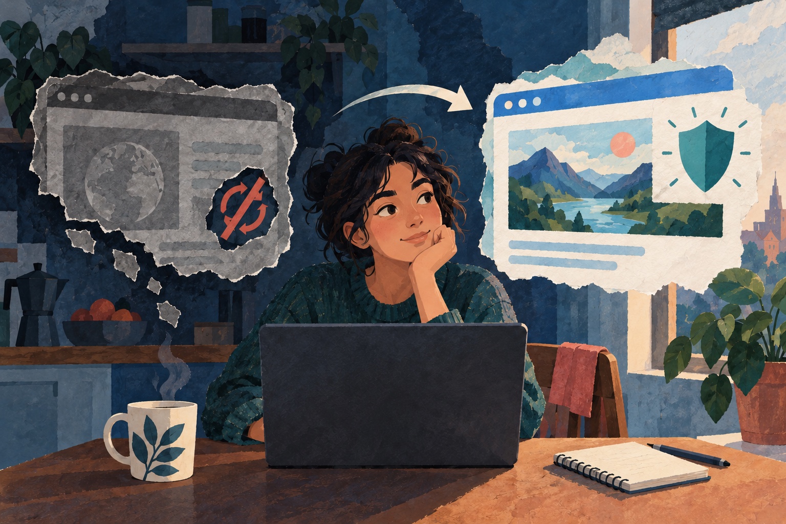 Illustratie van een laptopgebruiker die tussen een gedimde browser en een venster met beschermend schild kiest; geen echte Orion-interface.