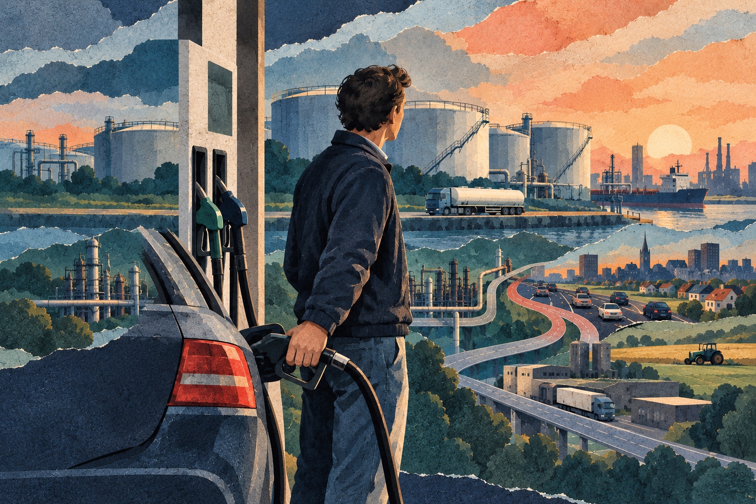Conceptuele papiercollage: een automobilist bij een pomp kijkt naar opslagtanks, schepen en distributieroutes; de illustratie toont geen echte locatie of prijsverandering.