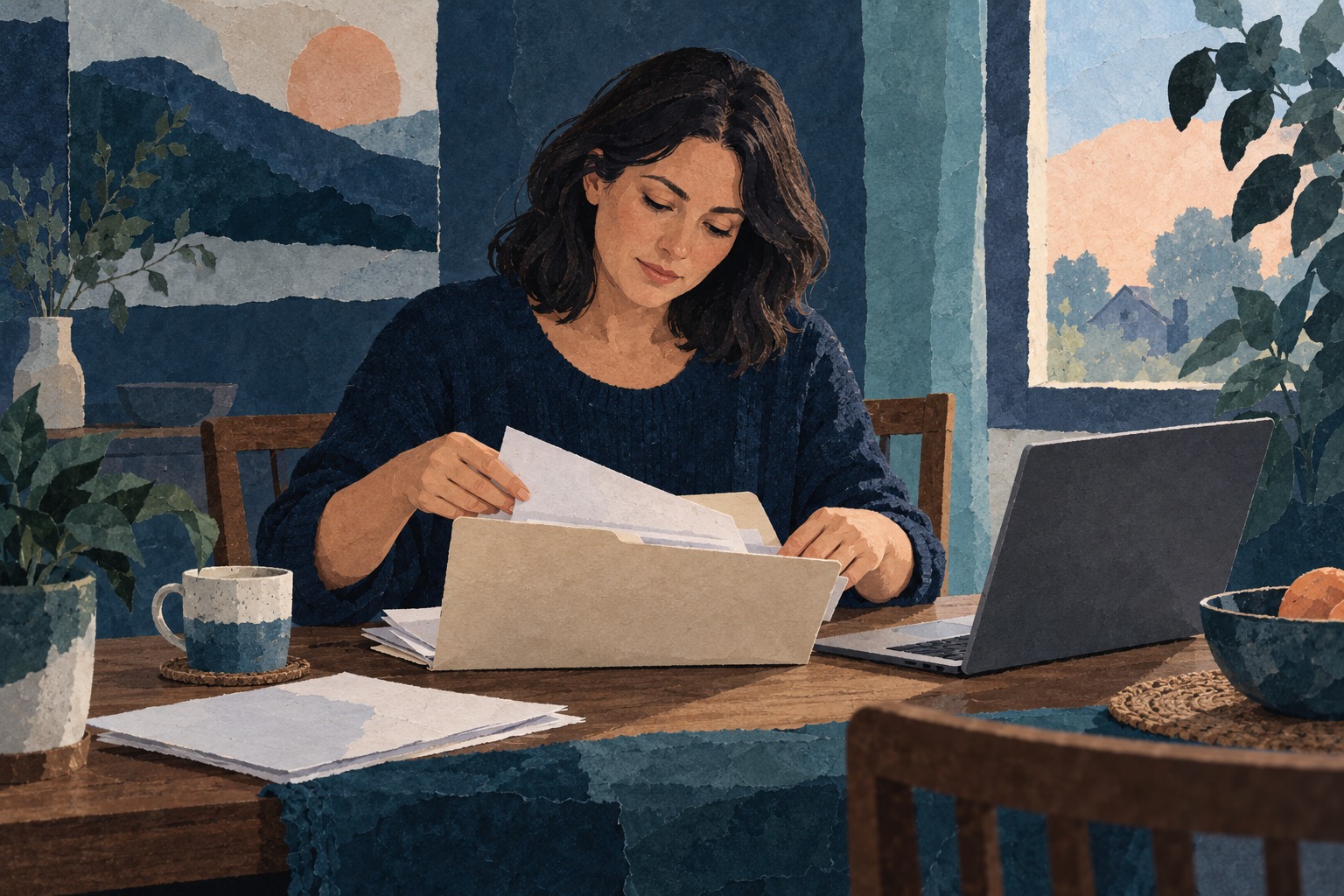 Een vrouw ordent een papieren dossier aan een keukentafel, met een laptop naast zich.