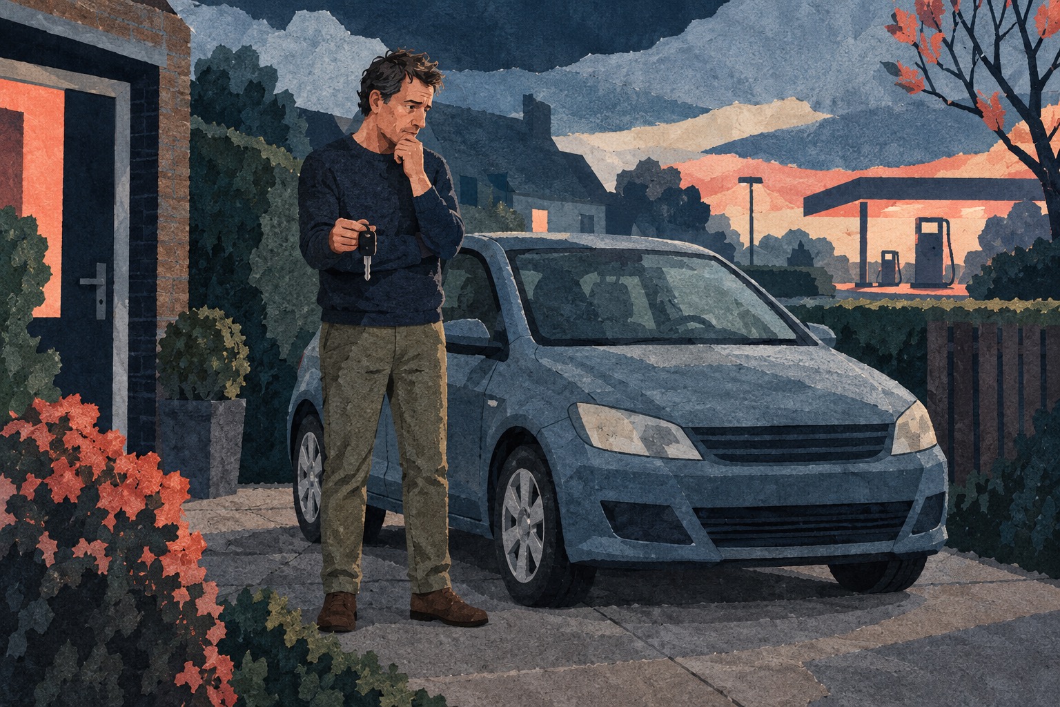 Conceptuele illustratie van een autobezitter die met een sleutel naast een gebruikte auto staat.