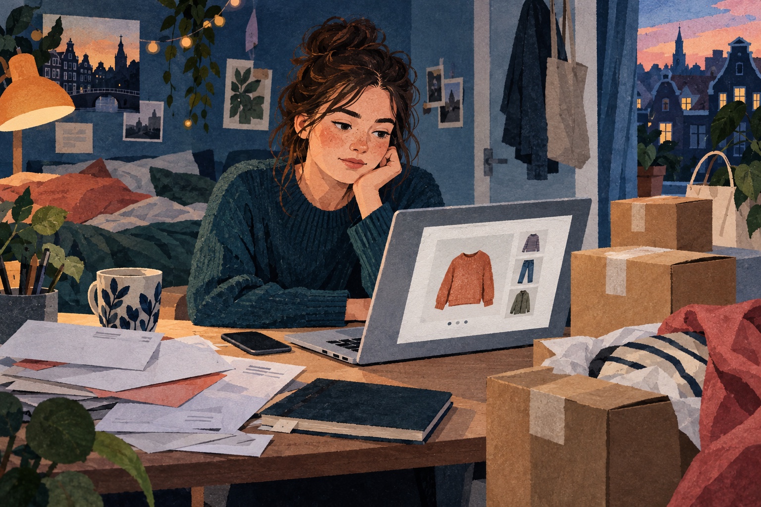 Conceptuele AI-papiercollage van een jongere bij haar laptop, met pakketjes en betaalberichten op tafel.