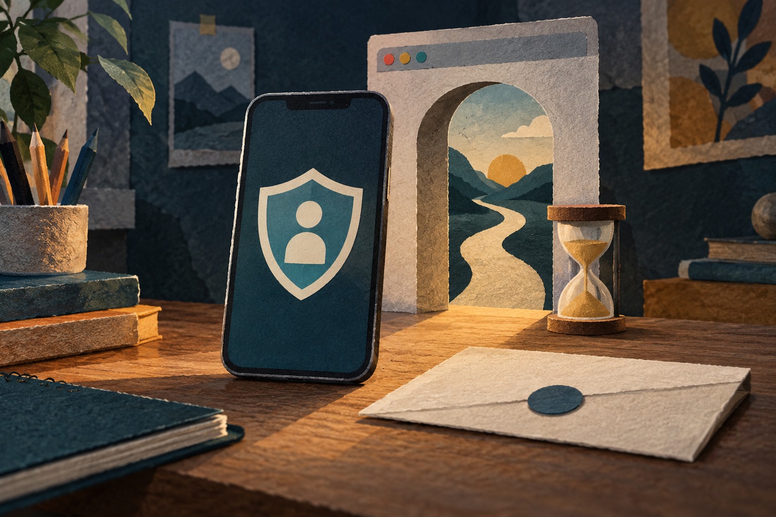 Conceptuele papiercollage van een telefoon met een beschermschild, een gesloten identiteitsenvelop en een zandloper bij een internetvenster.