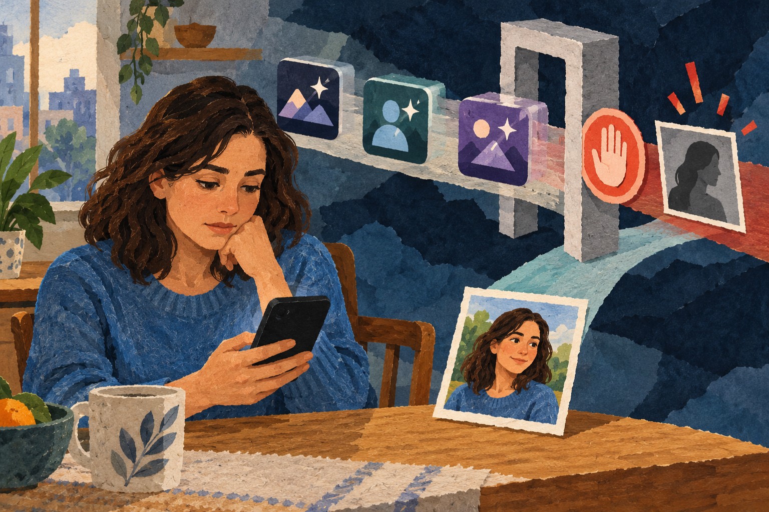 AI-illustratie: een vrouw bekijkt haar telefoon naast een denkbeeldige controlepoort voor beeldapps en haar portretfoto.