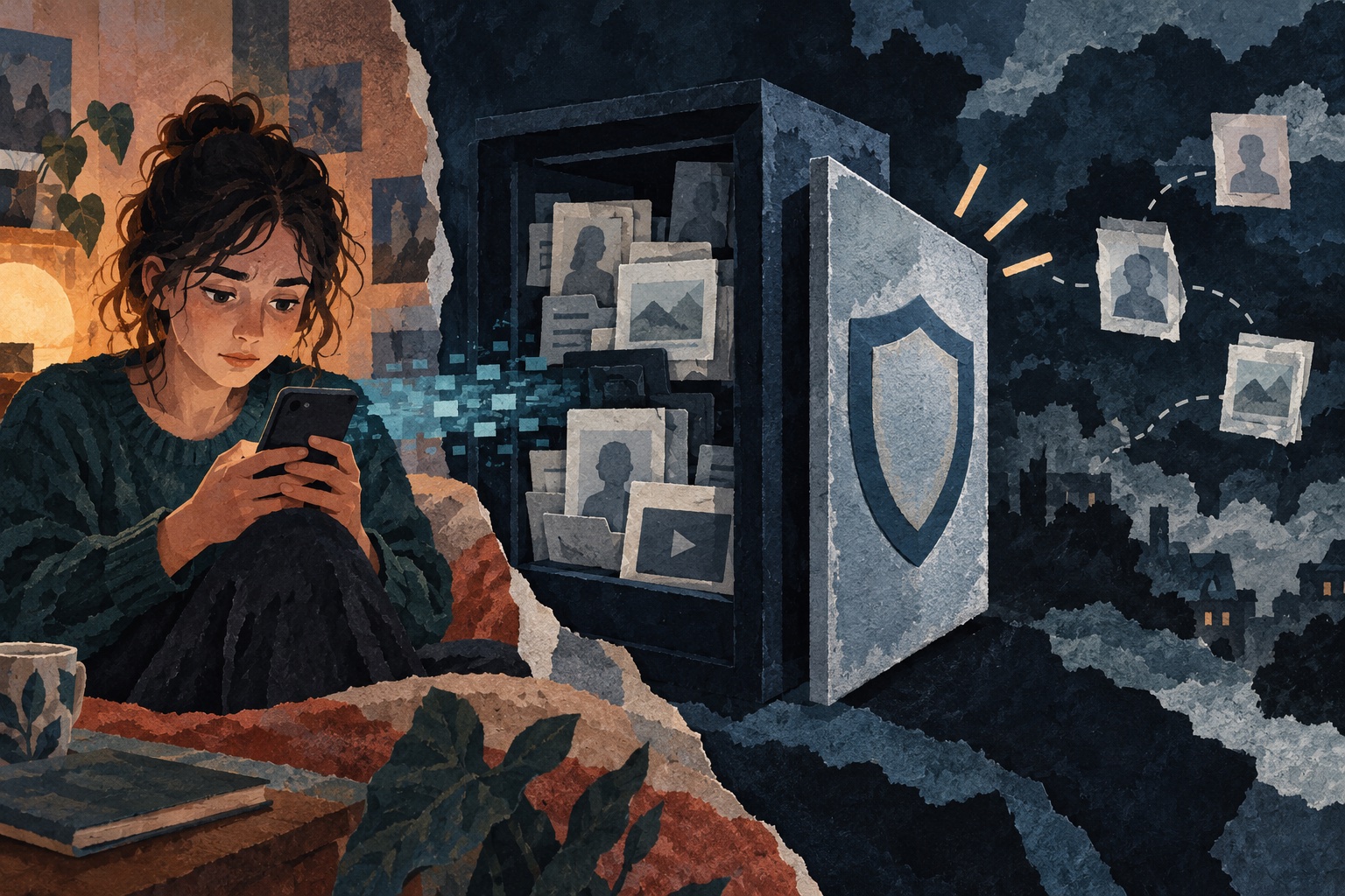 Geschilderde collage van een jongere met telefoon naast een afgesloten digitale bestandskast en enkele losse papieren die mogelijke kopieën verbeelden.