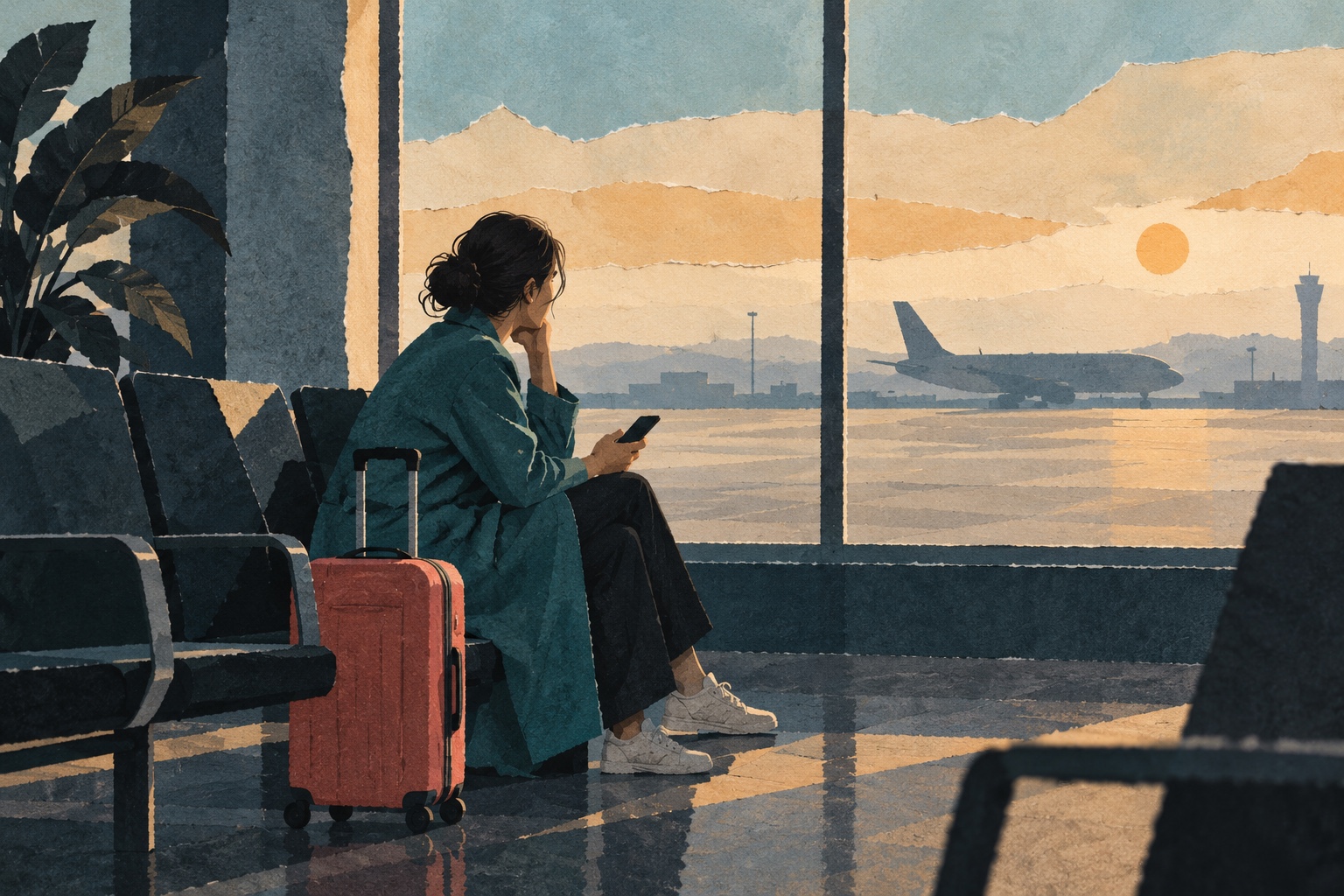 AI-illustratie van een reiziger met telefoon en koffer in een luchthavenhal, met een vliegtuig achter het raam.
