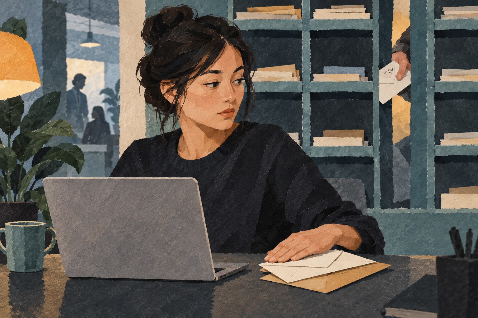 Conceptuele AI-illustratie: een medewerker beschermt enveloppen bij een laptop, met gescheiden postvakken op de achtergrond.