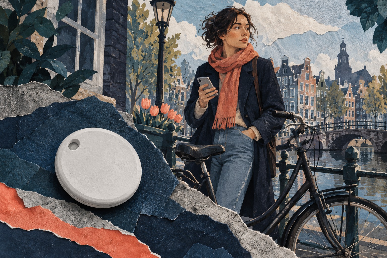 Conceptuele papiercollage van een vrouw met telefoon naast haar fiets en een vergrote, generieke tracker.