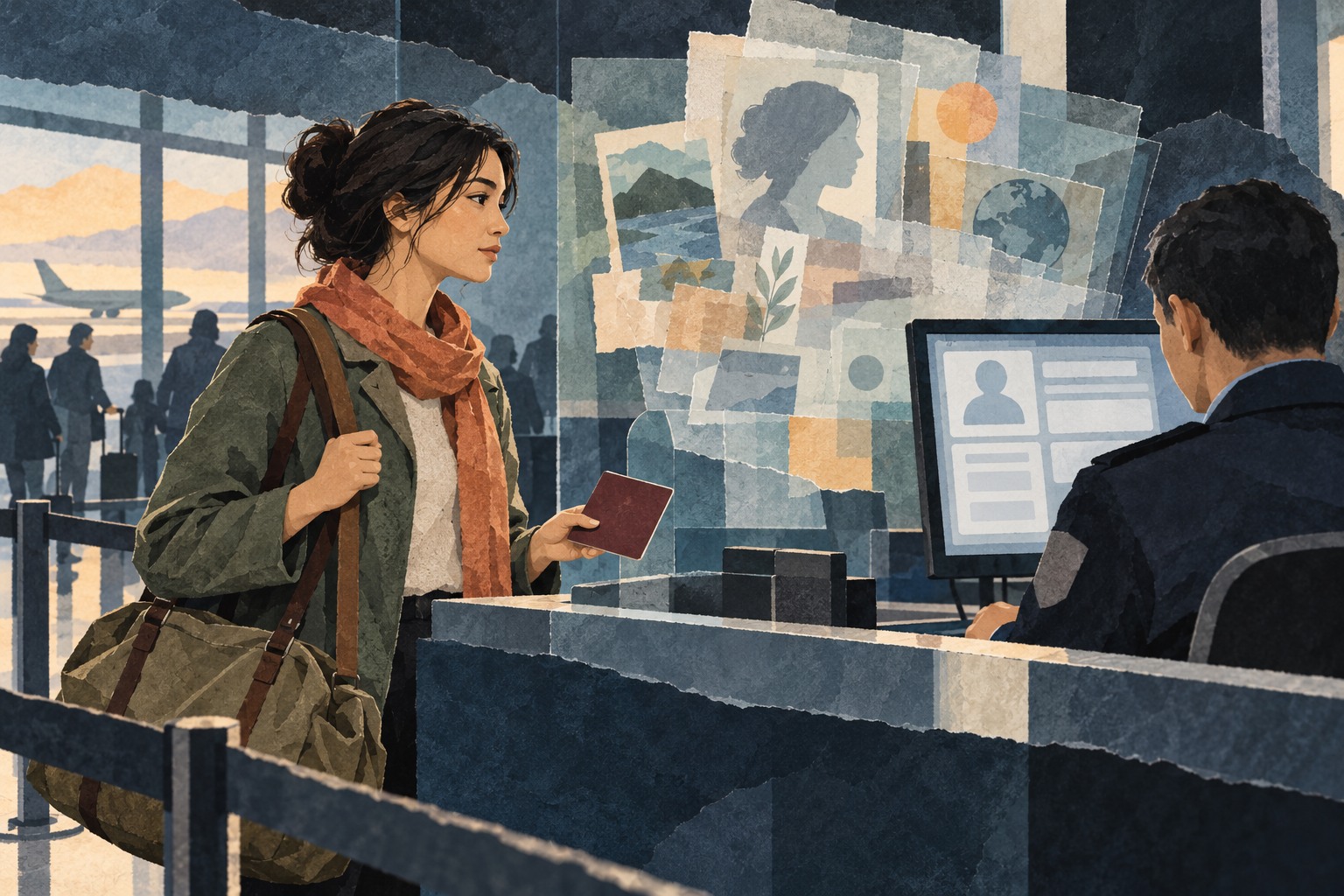 Eigen conceptuele papiercollage van een reiziger met een paspoort bij een grenscontrole, met een digitaal dossier op de achtergrond.