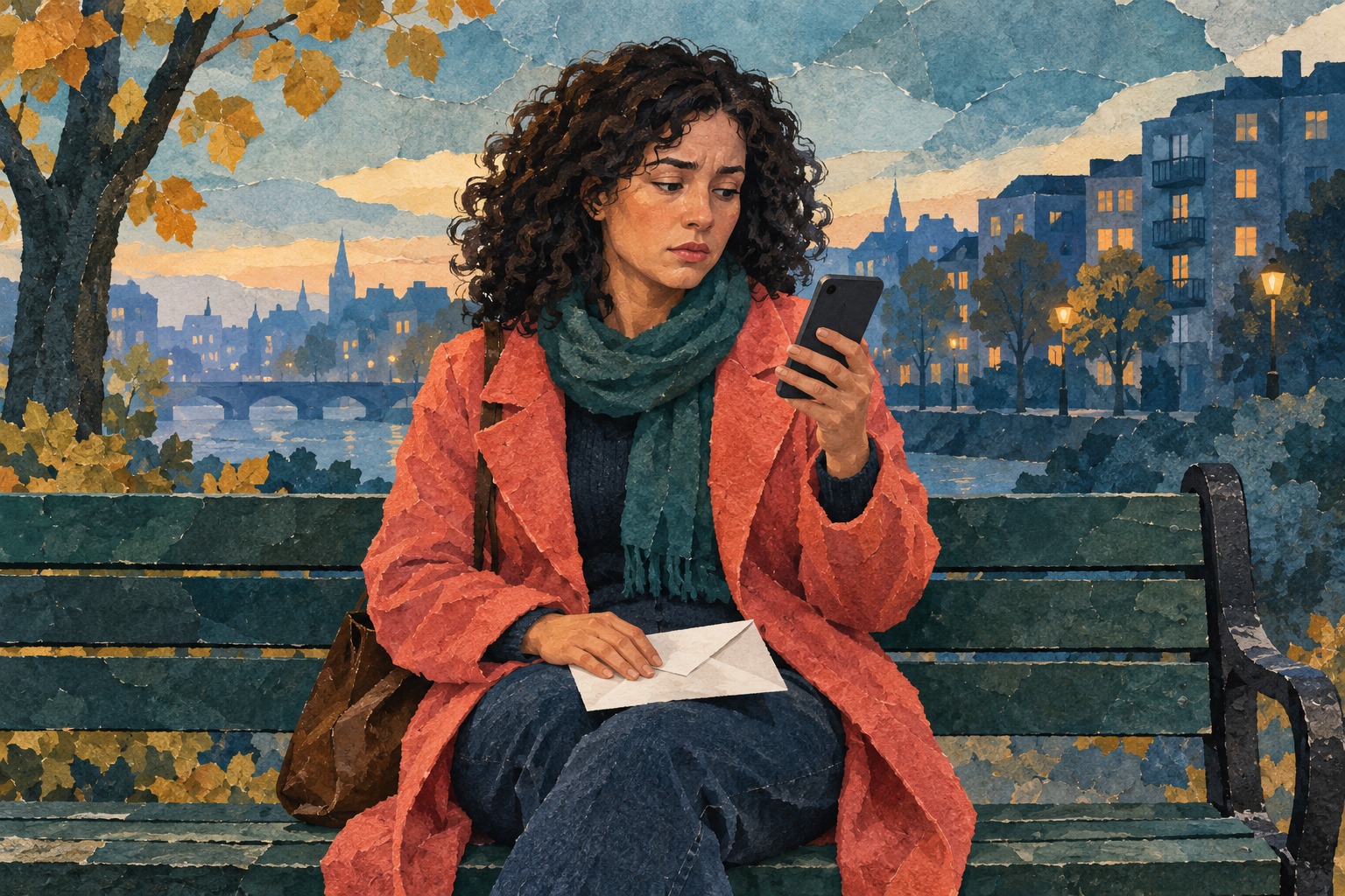 AI-illustratie van een vrouw op een stadsbank die een telefoontje controleert, met een gesloten envelop op haar schoot. Geen foto van een betrokkene bij het Deense lek.