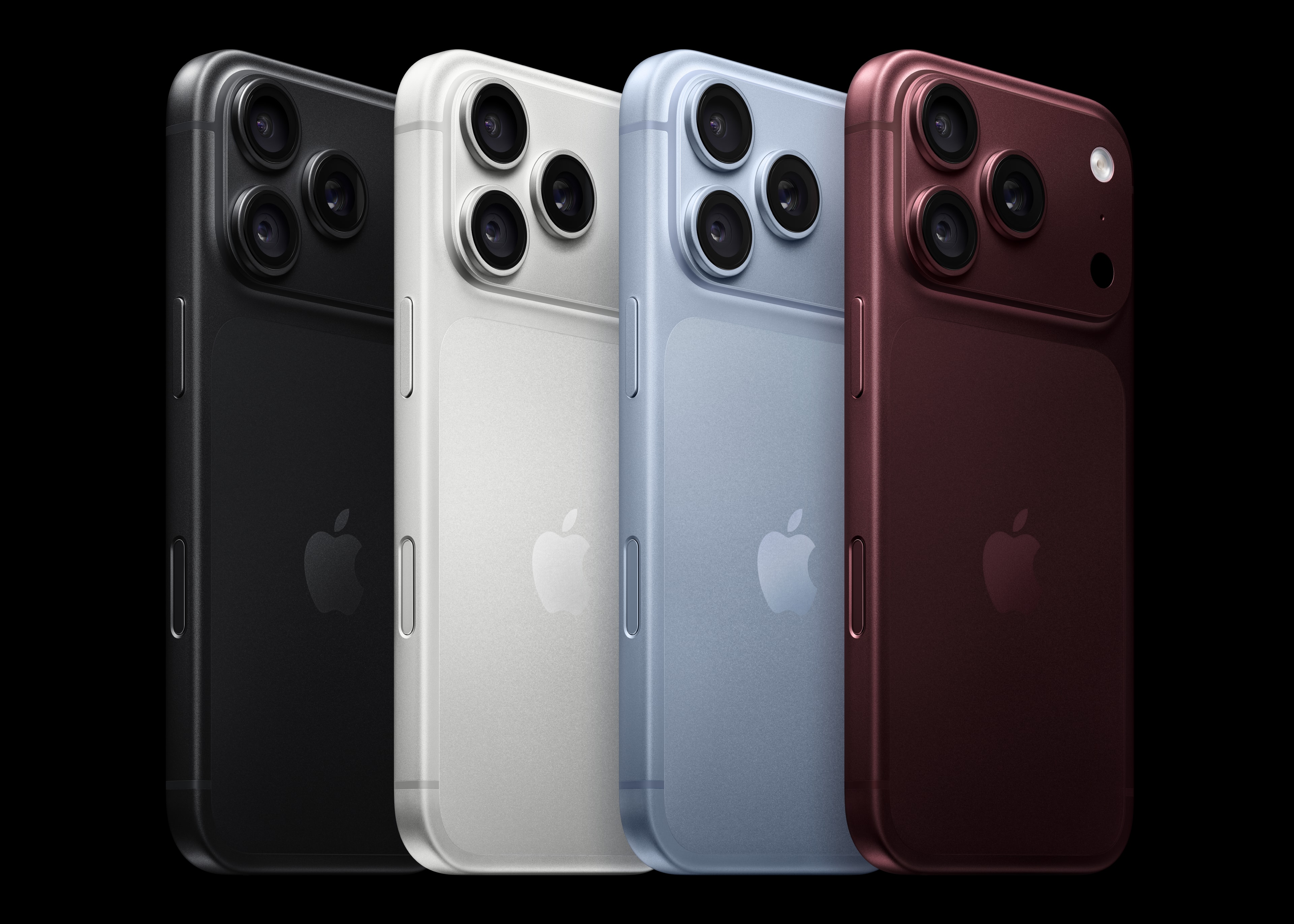 Officieel Apple-productbeeld van vier iPhone 18 Pro-toestellen in zwart, zilver, lichtblauw en bordeauxrood.