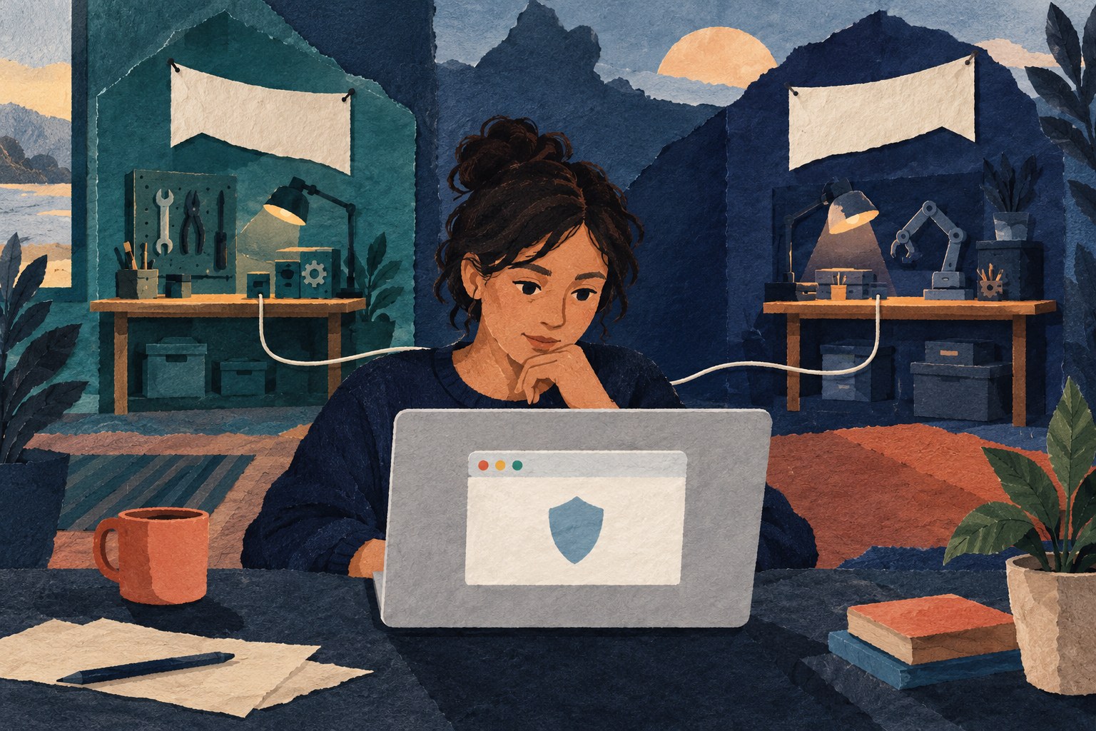 Geschilderde papiercollage van een laptopgebruiker en twee afzonderlijke werkplaatsen die verbonden blijven met dezelfde browser.