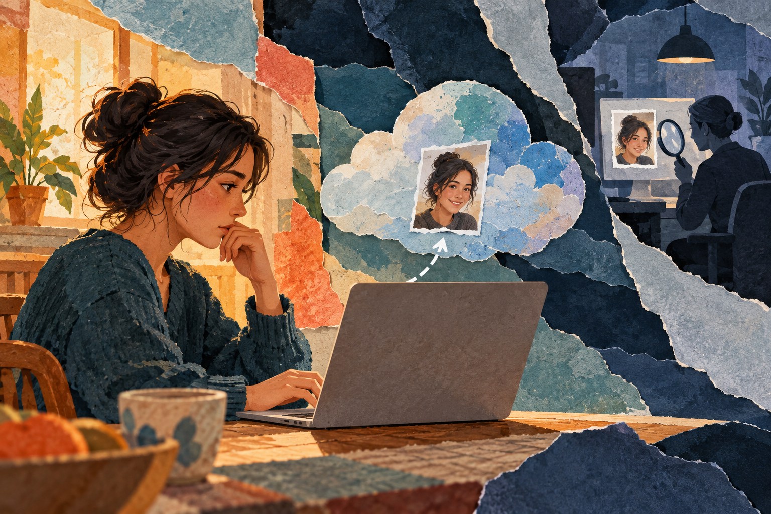 Conceptuele collage: een jongere twijfelt bij een foto op een laptop, terwijl verderop een menselijke beoordelaar een digitale afbeelding bekijkt.
