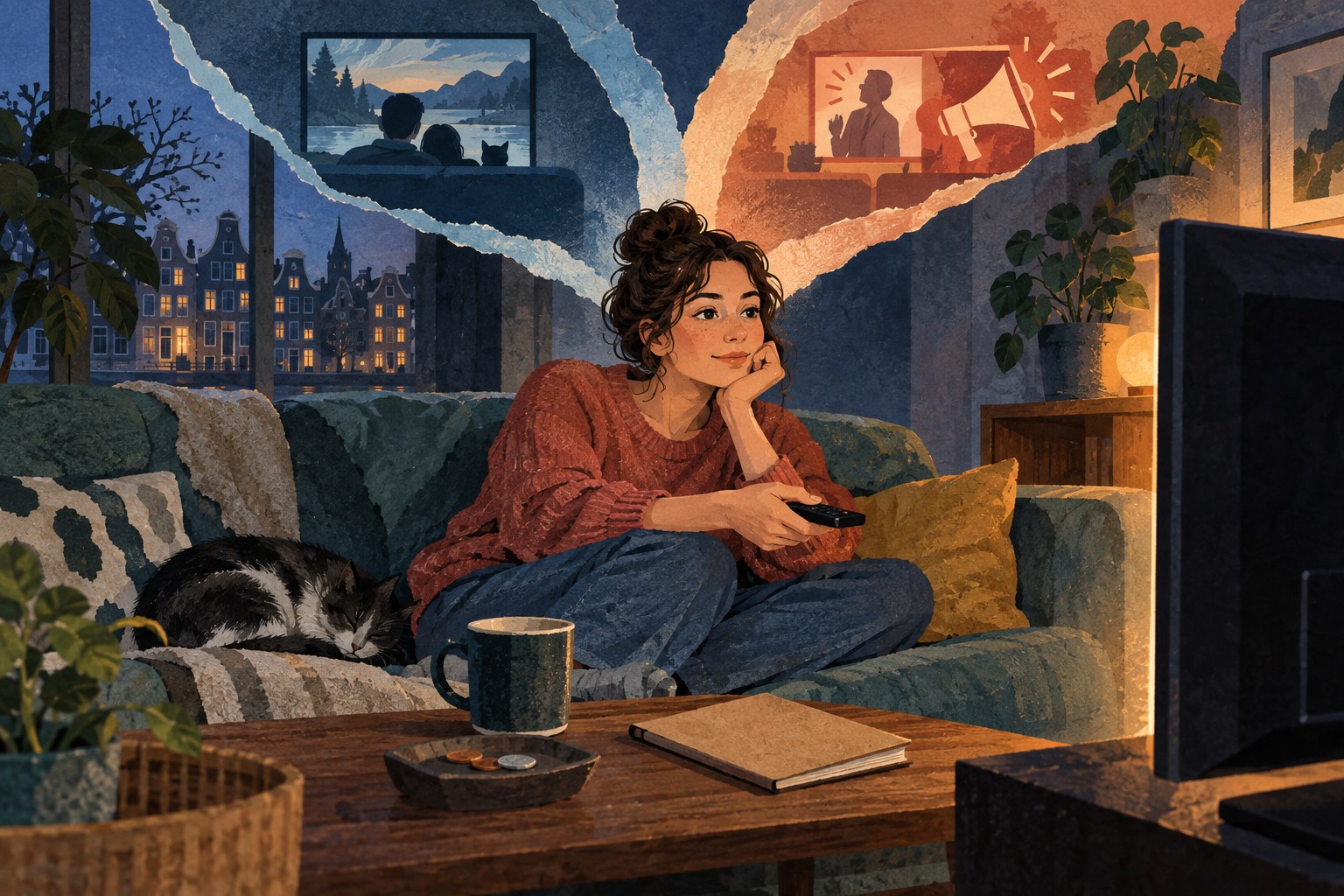Conceptuele geschilderde papiercollage van een jonge kijker op de bank, met een televisie, munten en de keuze tussen ongestoord kijken en reclame. Geen echte Netflix-interface.