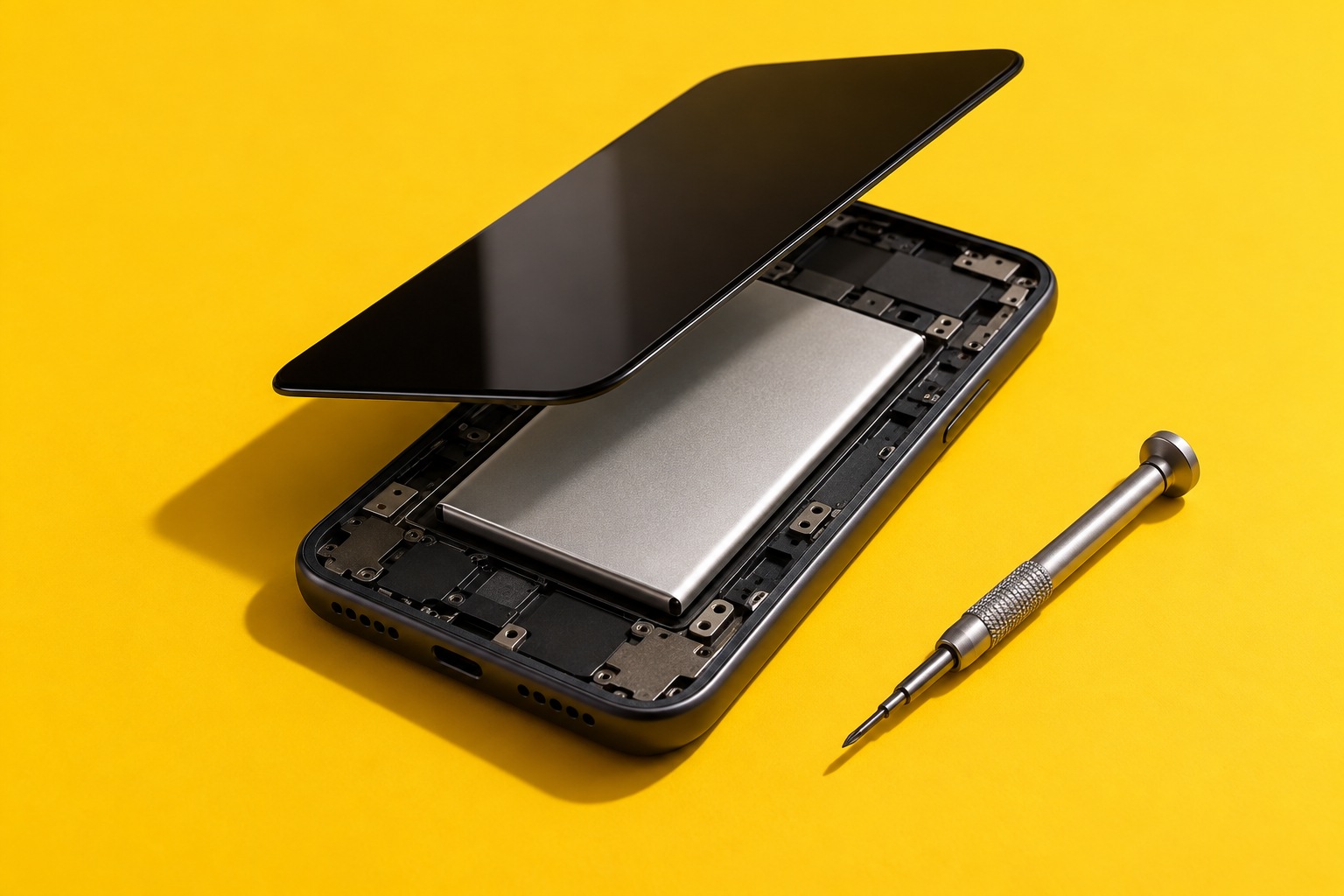 Conceptuele AI-illustratie van een merkloze telefoon met opgetild scherm, zichtbare zilveren accu en schroevendraaier op een gele achtergrond; geen technische weergave van een iPhone.
