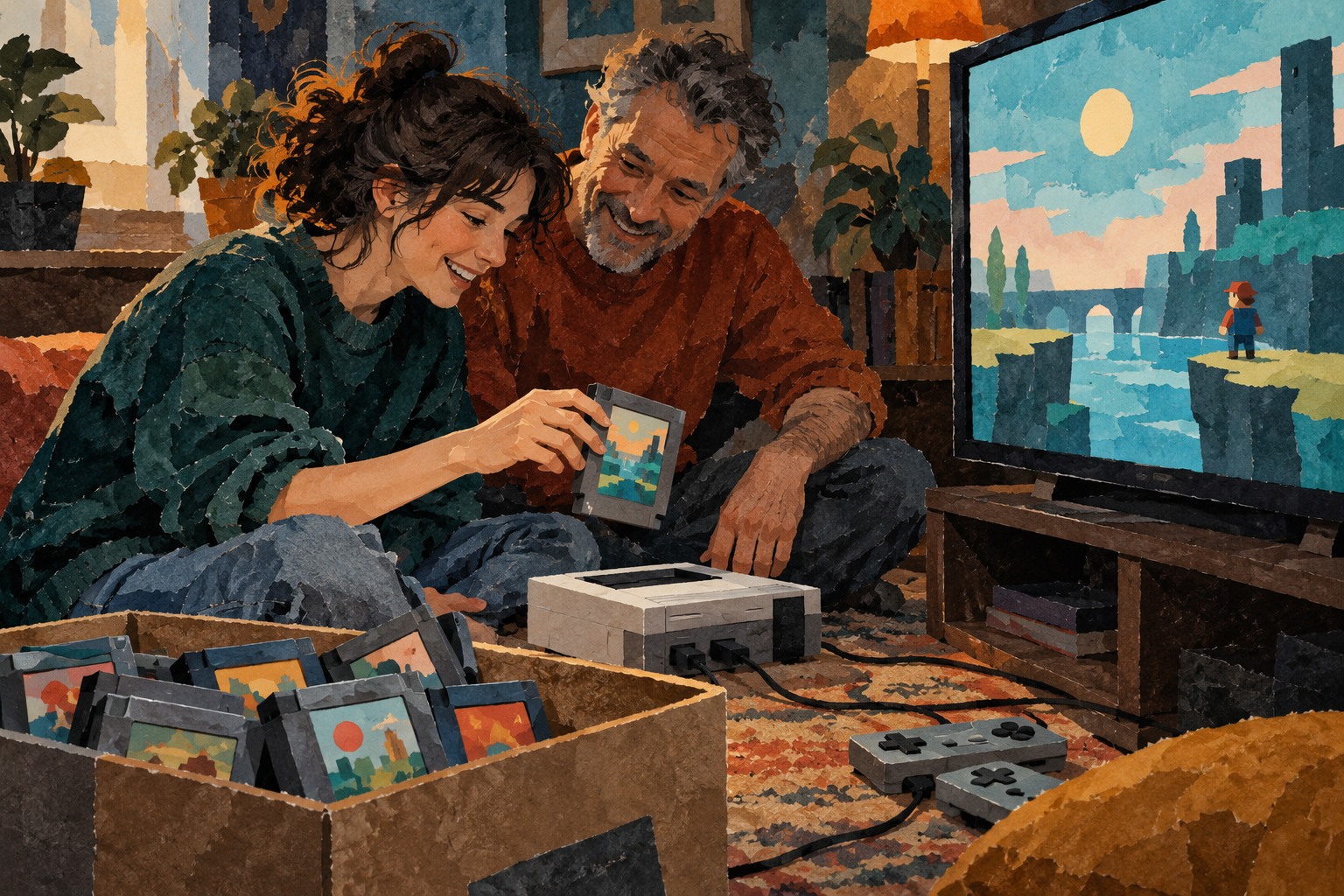 Geschilderde papiercollage van twee generaties die oude spelcassettes bij een moderne televisie bekijken.