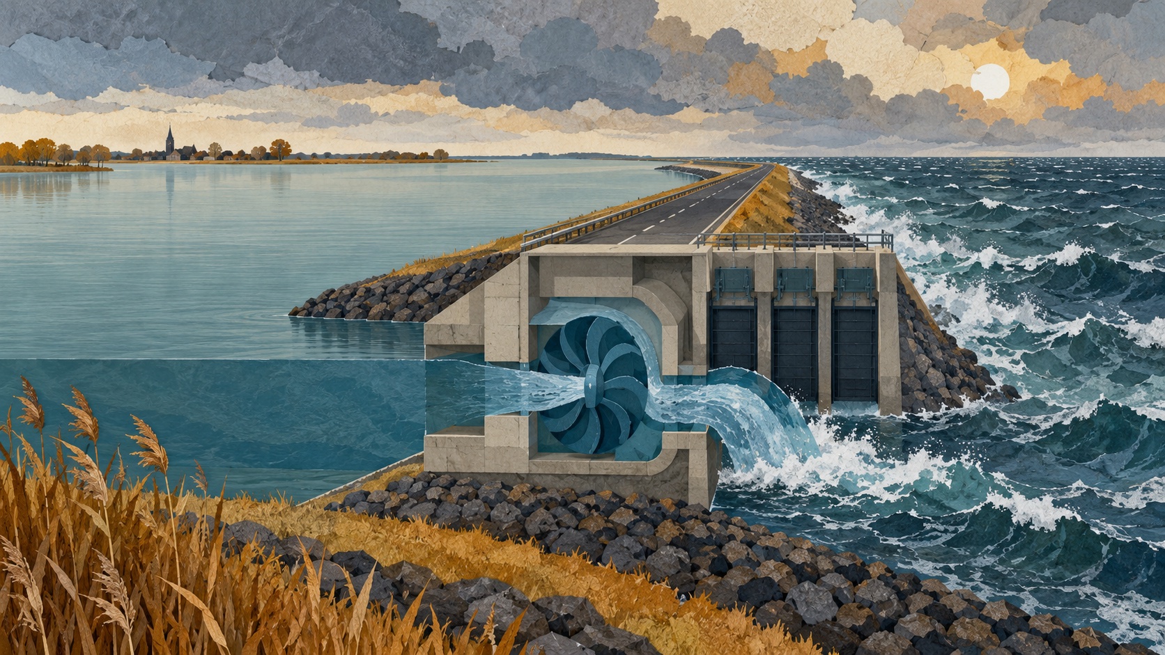 Conceptuele AI-illustratie van een lange waterkering tussen meer en zee, met een vereenvoudigde pomp en spuisluis. Geen afbeelding van het echte gemaal.