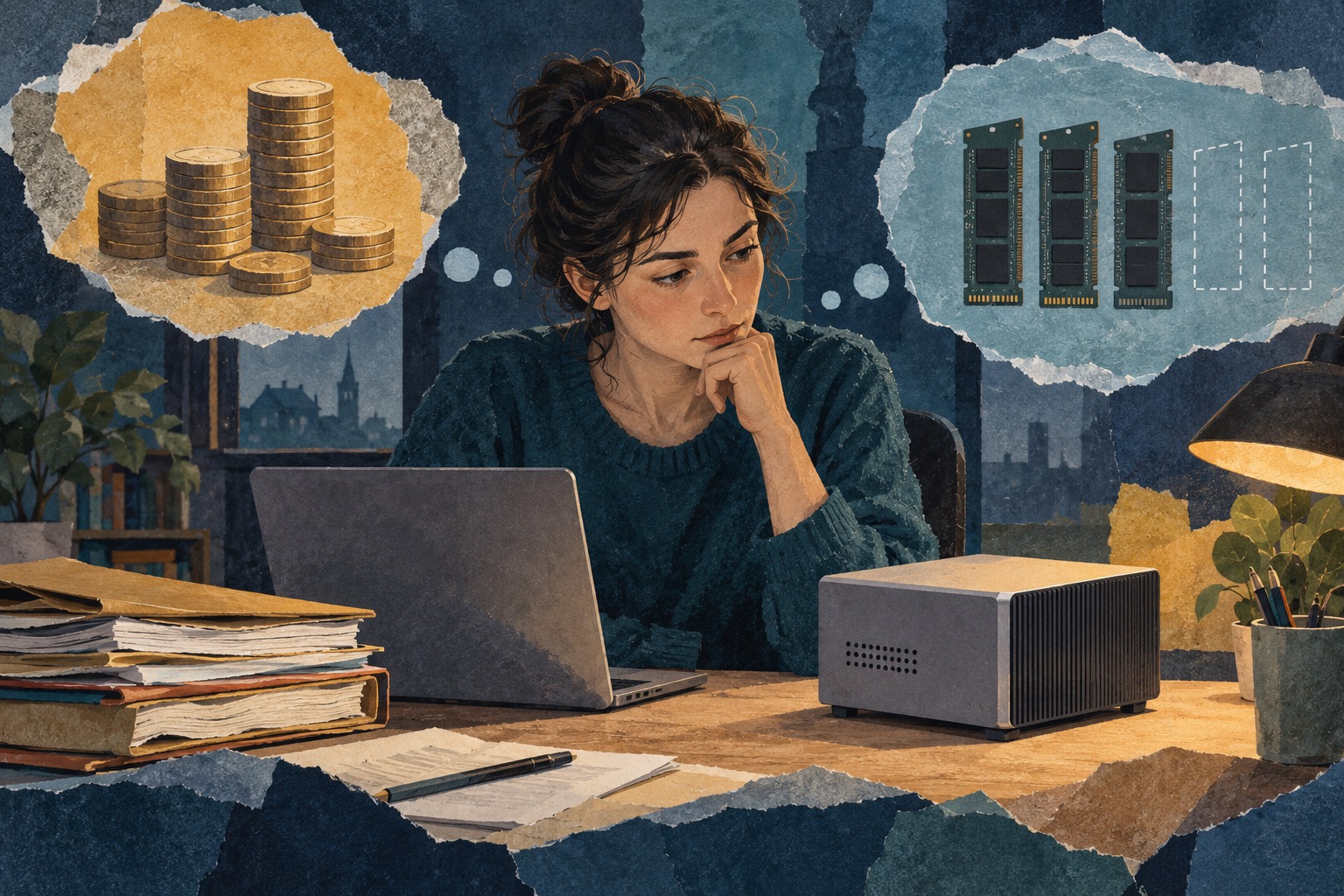 Conceptuele illustratie van iemand die de kosten en geheugencapaciteit van een eigen AI-computer afweegt.