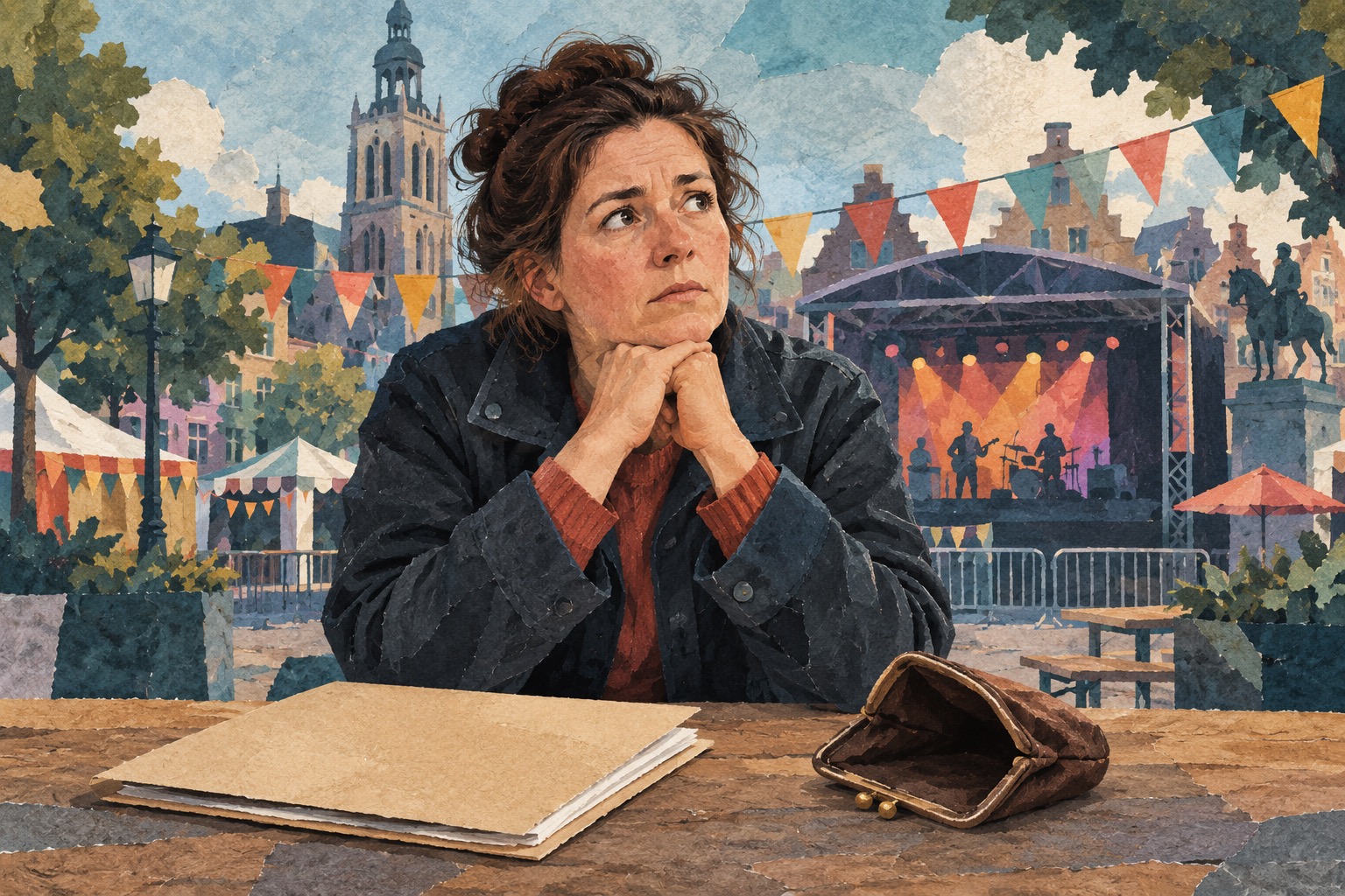 Conceptuele illustratie van een bezorgde festivalorganisator aan een planningstafel met een podium op de achtergrond.