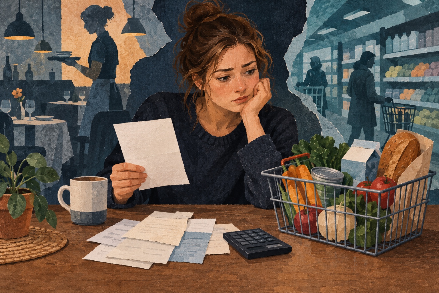 Conceptuele illustratie van een jonge horecamedewerker die een lege loonstrook vergelijkt met boodschappen en huishoudpapieren.