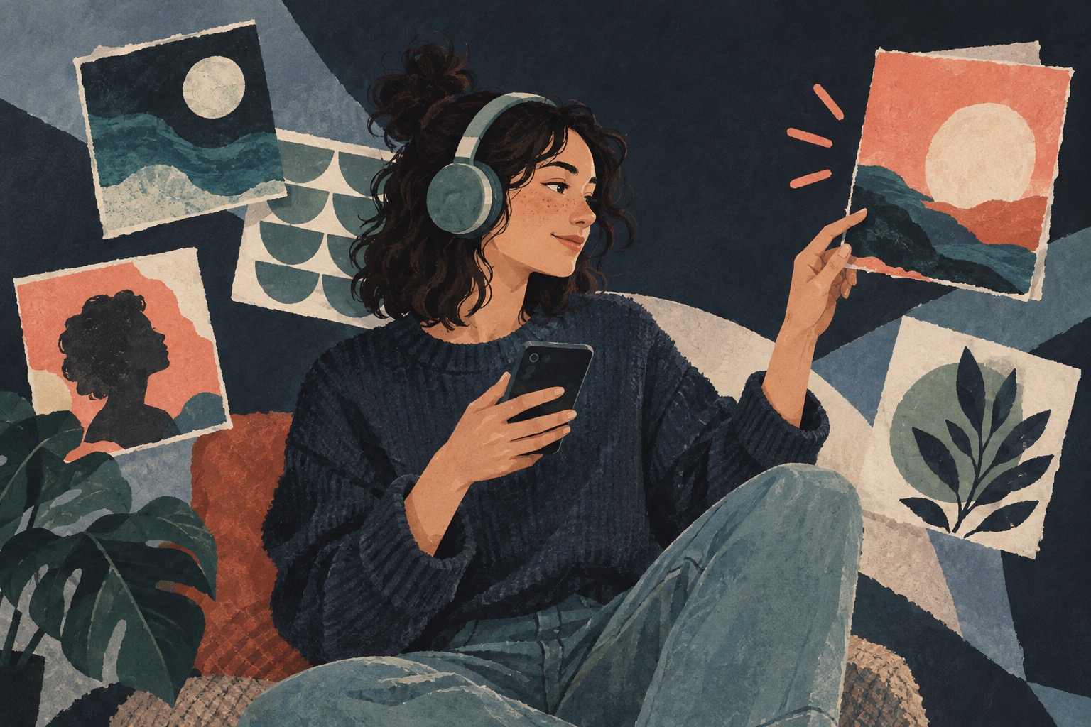 Conceptuele AI-illustratie van een muziekluisteraar die albums selecteert; geen weergave van de Deezer-app.