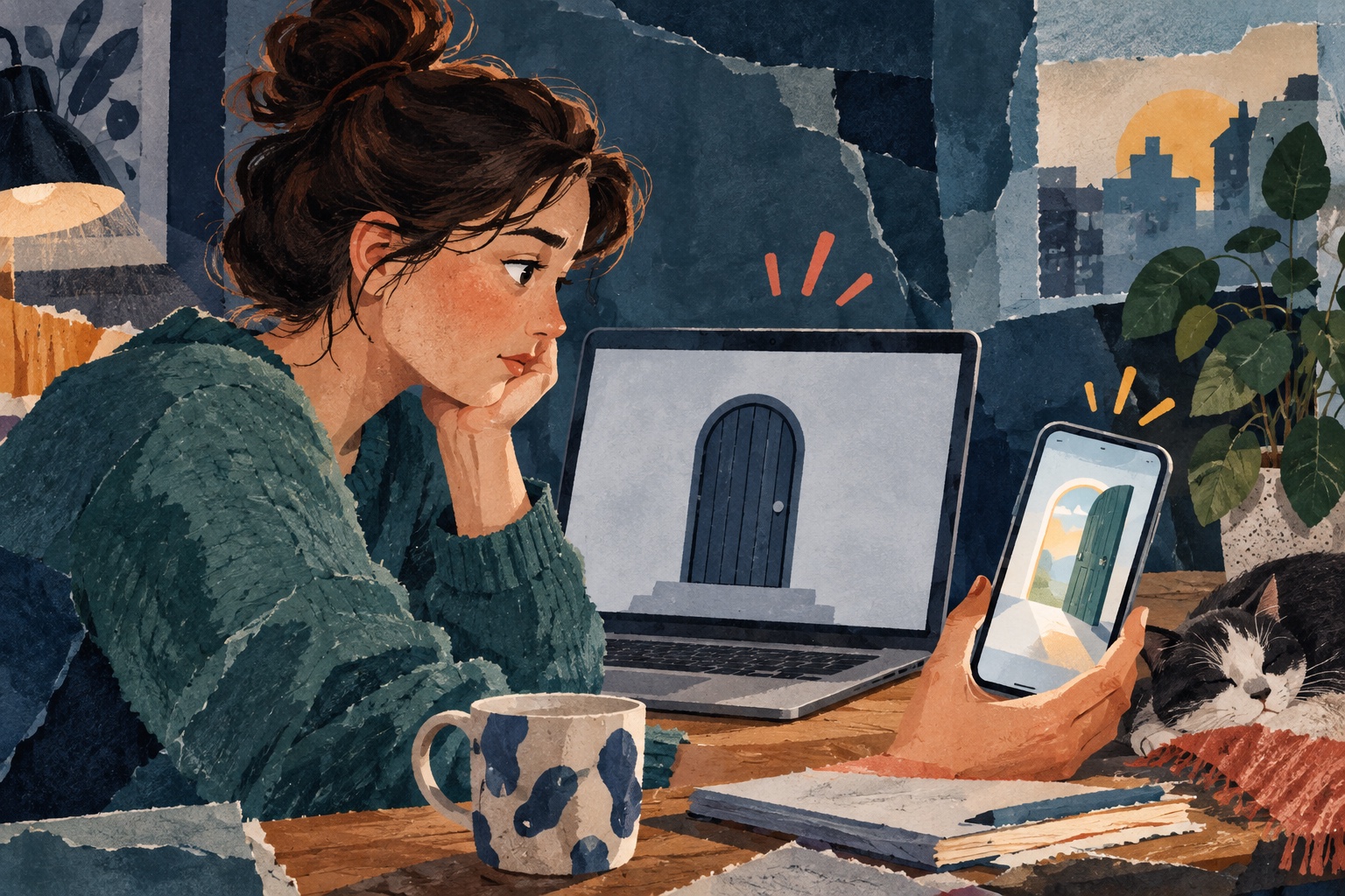 Conceptuele papiercollage: een bezoeker ziet op een laptop een gesloten deur en op een telefoon een open deur, als beeld voor wisselende toegang tot een webwinkel.