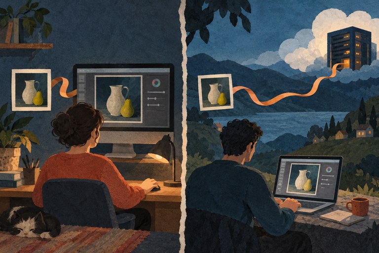 Papiercollage: links blijft de beeldbewerking bij de eigen computer, rechts verbindt een lint een afbeelding met een server.