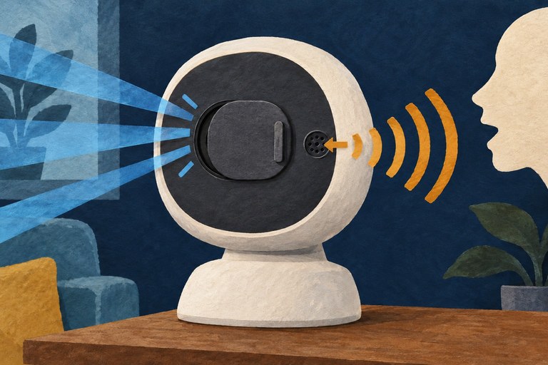 Papiercollage: een kap blokkeert de cameralens, terwijl geluidsgolven een afzonderlijke microfoon bereiken.