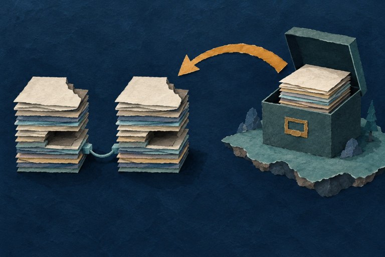 Conceptuele AI-tekening van twee gekoppelde stapels met dezelfde ontbrekende stukken en een aparte, intacte reservekopie met een pijl terug.