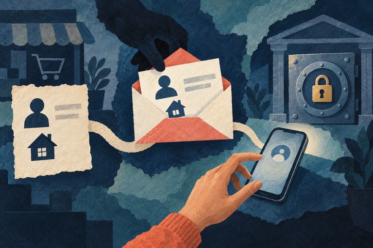 Conceptuele collage waarin klantgegevens terugkomen in een nepbericht aan een telefoongebruiker.