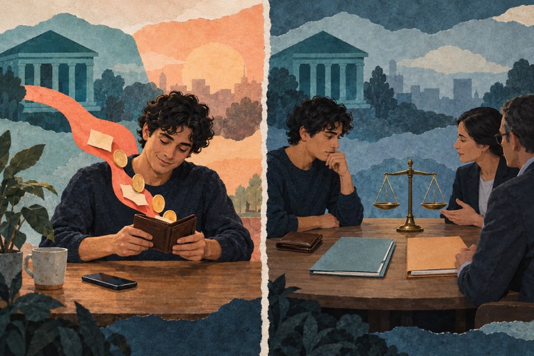 Papiercollage in twee delen: links krijgt een klant geld terug, rechts wordt de aansprakelijkheid besproken bij een weegschaal.